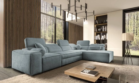 Narożnik z funkcją spania Viano XI szary błękit prawostronny modny i stylowy narożnik z regulowanymi zagłówkami ozdobne poduszki