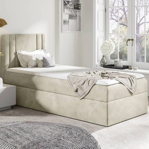 Łóżko kontynentalne Alia 80x200 beżowe nowoczesny styl idealne łóżko do pokoju dziecięcego subtelne pionowe przeczycia na wezgłowiu