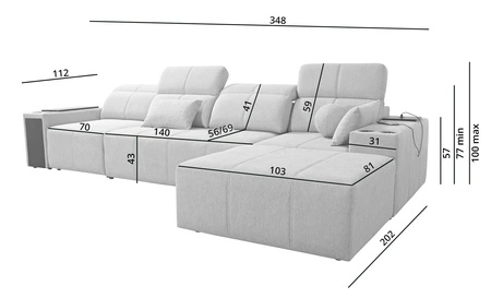 Narożnik z funkcją spania Tesalia XII niebieski prawostronny nowoczesny design komfortowe przesuwane oparcie szuflada w boczku mebla