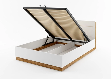 Łóżko Dentro 160x200 cm biały / dąb stirling wygodne łóżko do sypialni z pojemnikiem wysoki zagłówek z oświetleniem ledowym