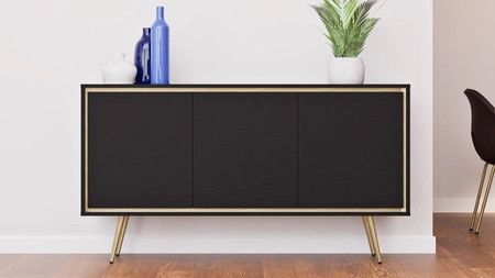 Komoda Nevea 150 cm czarny grafit elegancka komoda do salonu o oryginalnej i ciekawej stylistyce system otwierania drzwi push to open