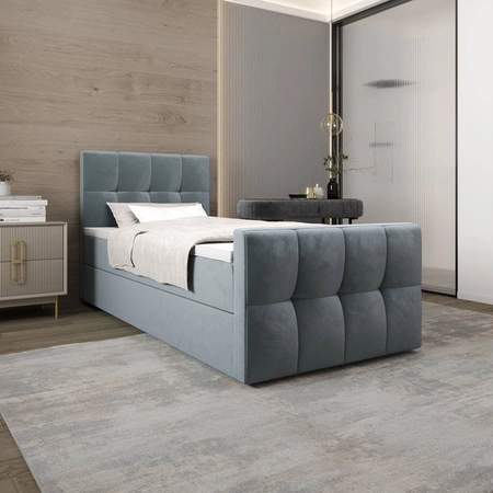Łóżko kontynentalne Manhattan 90x200 turkusowe w nowoczesnym skandynawskim stylu z tapicerowanym zagłówkiem i zanóżkiem łóżko z pojemnikiem