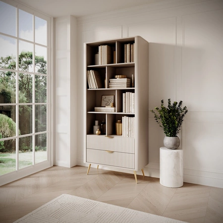 Regał Lante 88 cm beżowy elegancki regał z szufladami designerskie ryflowania na frontach metalowe złote uchwyty krawędziowe