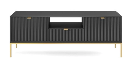 Szafka RTV Lovro 154 cm czarna nowoczesny design zachwyci miłośników wyrazistych wnętrz złote metalowe dodatki