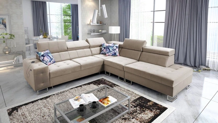 Narożnik z funkcją spania Hampton IX beżowy prawostronny stylowy i nowoczesny design narożnika idealny mebel do każdej aranżacji