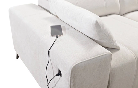 Narożnik z funkcją spania Penejos IX oliwkowy prawostronny stylowy narożnik z pojemnikami na pościel wygodne regulowane zagłówki