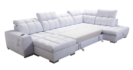 Narożnik z funkcją spania Luigi VI jasny beż lewostronny stylowy narożnik rozkładany z pojemnikami na pościel pokryty miękką tkaniną