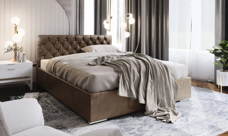 Łóżko tapicerowane Bauru 160x200 jasny brąz z pojemnikiem w nowoczesnym skandynawskim stylu z pikowanym zagłówkiem z kryształkami