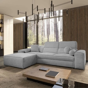 Narożnik z funkcją spania Viano jasny szary lewostronny stylowy narożnik o ciekawym kształcie regulowane zagłówki ozdobne poduszki