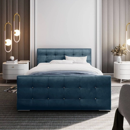 Łóżko tapicerowane Alford 180x200 turkusowe z pojemnikiem w nowoczesnym skandynawskim stylu z pikowanym zagłówkiem oraz zanóżkiem wykończone kryształkami