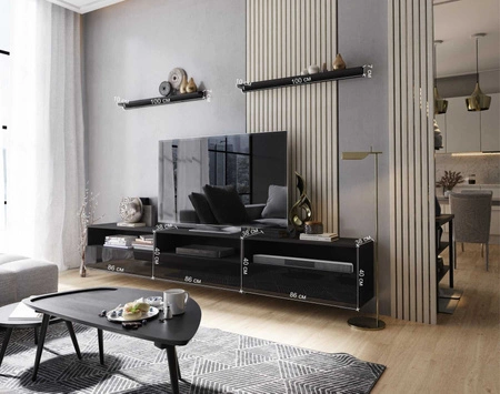 Szafka RTV wisząca Kaires 258 cm biała / biały połysk z półkami elegancki i stylowy design wpisujący się w każde wnętrze