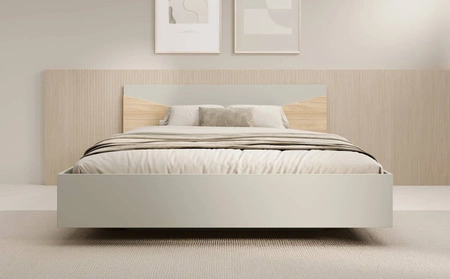 Zestaw mebli do sypialni Atson szarobeżowy / dąb olejowany nowoczesny design komplet mebli do sypialni oryginalny kształt frontów mebli