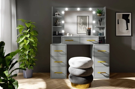 Toaletka Adel 110 cm szara z oświetleniem LED toaletka z lustrem w stylu glamour pojemne szuflady metalowe uchwyty