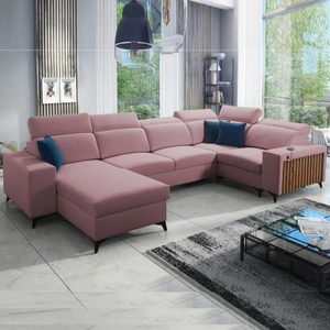 Narożnik z funkcją spania Kelly IV indyjski róż lewostronny velvet komfortowy narożnik regulowane zagłówki bok wykończony lamelami