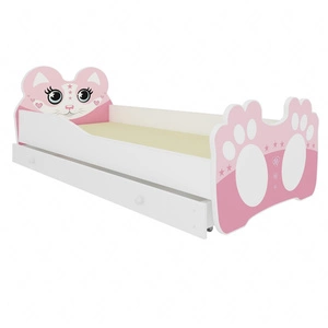 Łóżko Bear 80x160 cm biały / różowy małe łóżko z materacem i szufladą na pościel w kształcie misia z uroczym nadrukiem kotka