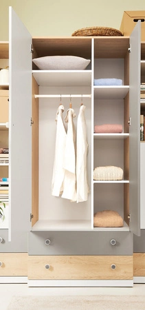 Zestaw mebli Pixel dąb biszkoptowy / biały / szary idealna propozycja do pokoju młodzieżowego lub dziecięcego w modnym stylu