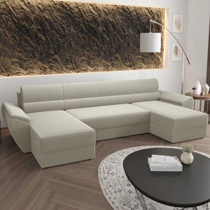 Narożnik z funkcją spania Fogu U II kość słoniowa wygodny narożnik z komfortowymi podłokietnikami ciekawy design pojemnik na pościel