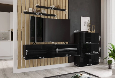 Meblościanka Almiros biała / biały połysk nowoczesny design system otwierania szuflad push to open meblościanka do salonu z komodą