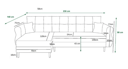 Narożnik z funkcją spania Wilkins butelkowa zieleń lewostronny stylowy i nowoczesny design wpisujący się w każdą aranżację