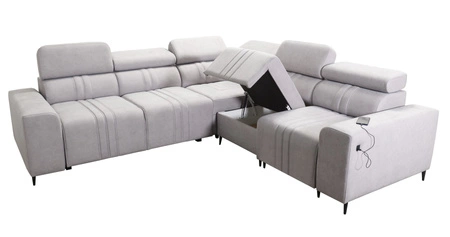 Narożnik z funkcją spania Castel III błękitny prawostronny narożnik z dwoma pojemnikami na pościel regulowane zagłówki