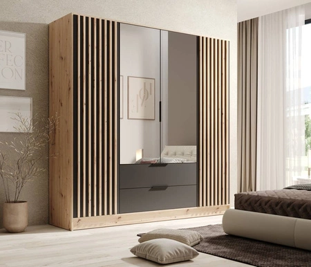 Szafa z lustrem Neri 200 cm dąb artisan / czarny stylowe lamele zdobiące drzwi szafy pojemne szuflady uchwyty krawędziowe