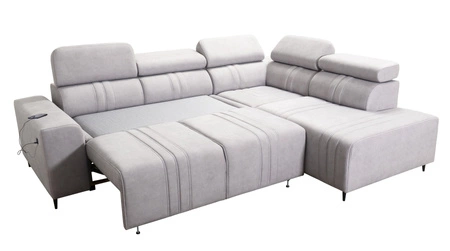 Narożnik z funkcją spania Castel VII beżowy prawostronny stylowy narożnik z pojemnikiem na pościel i regulowanymi zagłówkami