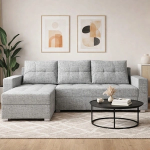 Narożnik z funkcją spania Pablos szary popiel uniwersalny narożnik z pojemnikiem na pościel dekoracyjne pikowania na siedzisku