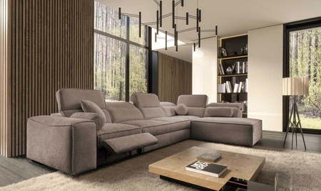 Narożnik z funkcją spania Viano XI Lux jasny brąz prawostronny designerski narożnik z wysuwanym podnóżkiem i pojemnikiem na pościel