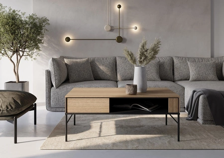 Zestaw mebli Visso dąb linearny elegancka meblościanka do salonu w stylu minimalistycznym przeszklone fronty wybranych brył