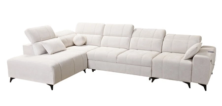 Narożnik z funkcją spania Penejos XI kremowy lewostronny wygodny narożnik z regulowanymi zagłówkami i dwoma pojemnikami na pościel