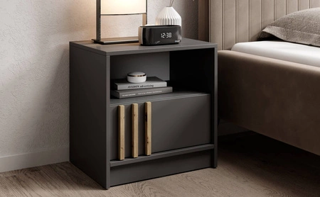 Szafka nocna z szufladą Aspen grafitowa / lamele w kolorze dąb artisan stylowa szafka nocna stanowi idealny dodatek do sypialni