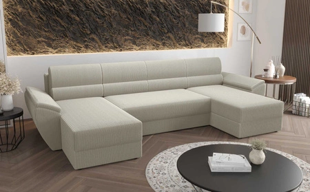 Narożnik z funkcją spania Fogu U II kość słoniowa wygodny narożnik z komfortowymi podłokietnikami ciekawy design pojemnik na pościel