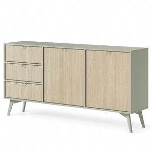Komoda z szufladami Wald 158 cm eukaliptus / beż jodełka pastelowa kolorystyka w stylu boho gustowny dekor jodełki i złote uchwyty