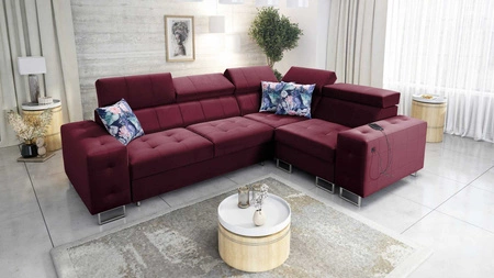 Narożnik z funkcją spania Hampton II bordowy prawostronny stylowy narożnik rozkładany miękka tkanina obiciowa typu velvet
