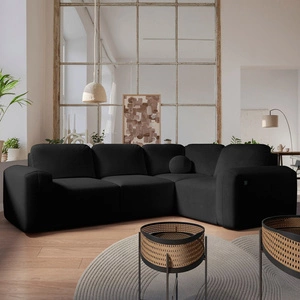 Narożnik z funkcją spania Arbon II czarny prawostronny stylowe wzornictwo charakterystyczny obły kształt pojemnik na pościel