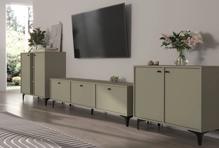 Meblościanka Kioto I eukaliptus stylowy design mebli do salonu eleganckie meble wsparte na metalowej czarnej podstawie subtelne uchwyty