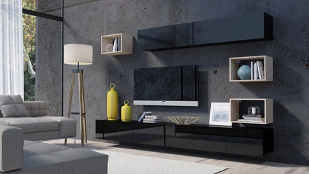 Meblościanka Apulia XXXI czarny połysk / dąb artisan wyjątkowo stylowa meblościanka proste bryły wpisujące się w każde wnętrze