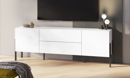 Szafka RTV Jukon 204 cm biała elegancka forma szafki z szufladami w nowoczesnym stylu system otwierania push to open metalowe czarne nogi