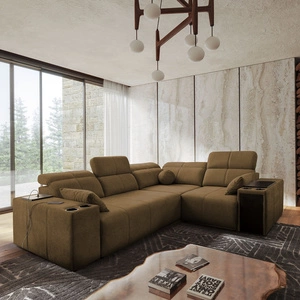 Narożnik z funkcją spania Tesalia II brązowy prawostronny komfortowy narożnik do salonu z przesuwanym oparciem pojemnik na pościel