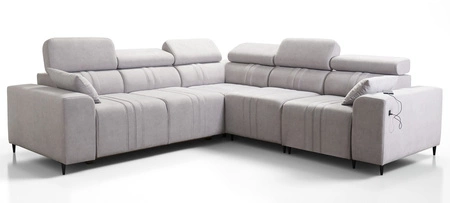 Narożnik z funkcją spania Castel III brązowy prawostronny narożnik z dwoma pojemnikami na pościel regulowane zagłówki