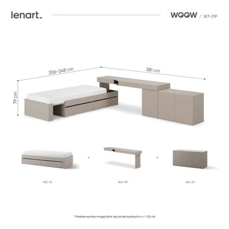 Zestaw mebli Woow clay grey prawy stylowy zestaw mebli narożny do małego pokoju młodzieżowego możliwość dopasowania do układu wnętrza