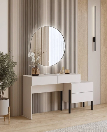 Biurko z komodą Jukon S 143 cm beżowe elegancka forma mebla w nowoczesnym stylu system otwierania push to open metalowe czarne nogi