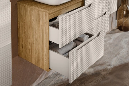 Szafka pod umywalkę Luxor 80 cm dąb olejowany / beżowy nowoczesny design szafki ciekawe trójwymiarowe ryflowania na frontach