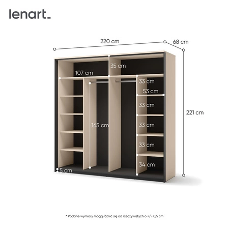 Szafa przesuwna z lustrem Enna 220 cm beżowy / czarny elegancki design doskonała szafa do sypialni lub garderoby oświetlenie LED