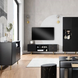Zestaw mebli Sula czarny meblościanka do salonu wzbogacona o metalowe uchwyty ozdobne ryflowane fronty system push to open