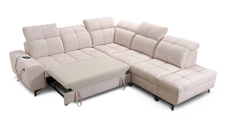 Narożnik z funkcją spania Buffalo IX oliwkowy prawostronny stylowy narożnik do pokoju wykonany z welurowej tkaniny ozdobne poduszki