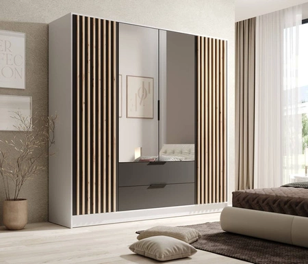 Szafa z lustrem Neri 200 cm biały / czarny stylowe lamele zdobiące drzwi szafy pojemne szuflady uchwyty krawędziowe