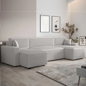 Narożnik z funkcją spania Brandon U Bis kość słoniowa pojemnik na pościel trójwymiarowa tkanina o wyrazistych prążkach miękkie podłokietniki