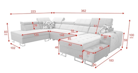 Narożnik z funkcją spania Hampton VI morski prawostronny funkcjonalny narożnik do salonu z ruchomą dostawką oraz półką