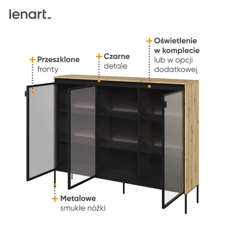 Komoda Trend 150 cm dąb artisan designerski przeszklony front klimatyczne oświetlenie w postaci paska led pod górnym blatem